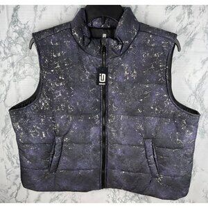ID Ideology Womens Puffer Vest 2X Deep Black, purple with Speckle foil design